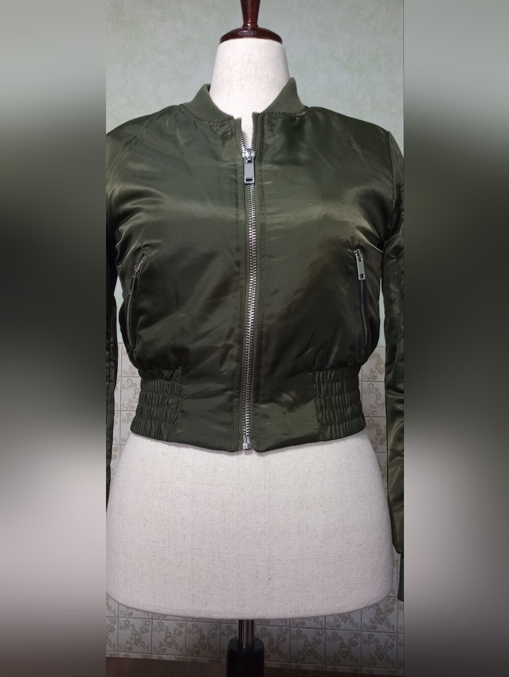 Forever 21 Olive Green Satin Bomber Jacket